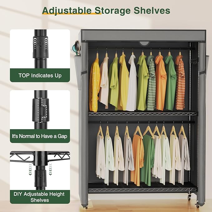 LEHOM G1C Heavy Duty Clothes Rack with Cover, Rolling Garment Rack for Hanging Clothes, Portable Closets with Oxford Fabric Cover, Freestanding Clothing Rack on Wheels (Black+gray cover, G1C)
