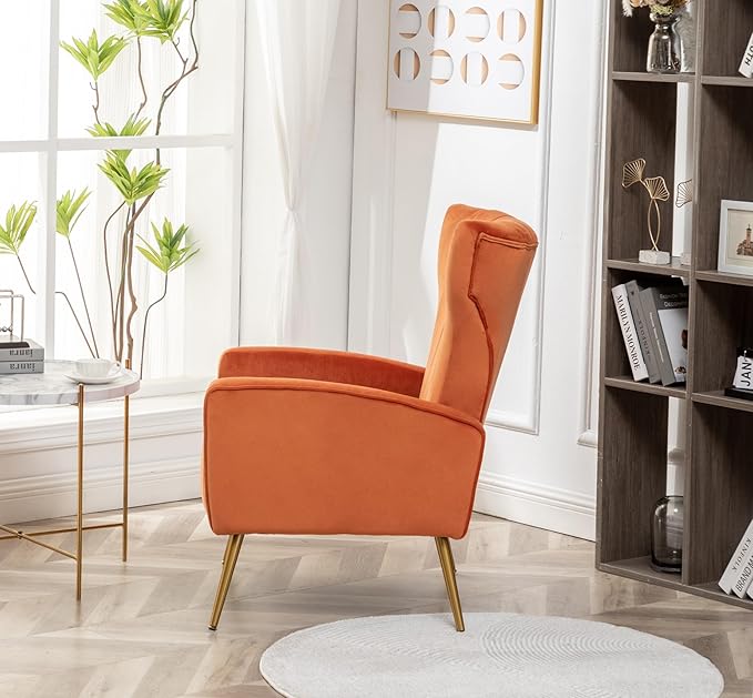 Modern Velvet Accent Chair, Channel Tufted Bedroom, Office or Living Room Furniture with Elegant Metal Legs, 26" Wide Armchair, Orange Red