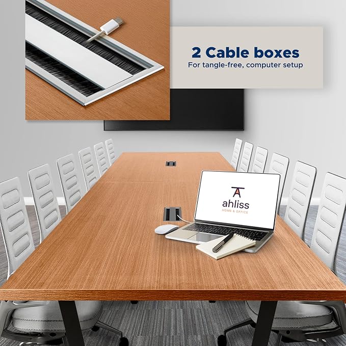 Sturdy Conference Table with Cable Management Grommets Modern Rectangle Office Meeting Table with Wood Tabletop and Metal Frame & Legs- Easy Assembly Boardroom Table (Natural, 12 Foot)