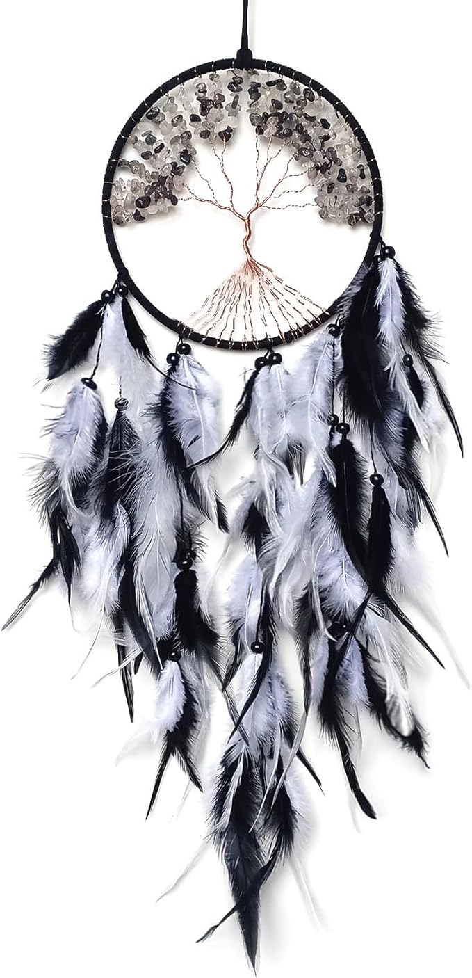 Black and White Dream Catcher Wall Decor Crystal Tree of Life Dream Catchers Handmade Feather Dreamcatcher Wall Hanging Ornament for Bedroom Living Room Home Decor