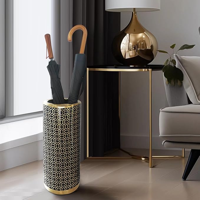 ZOEJADE Minimalist Luxury Ceramic Umbrella Stand Umbrella Holder Vase for Umbrella Canes Walking Sticks Entryway Indoor 18" High Black Gold