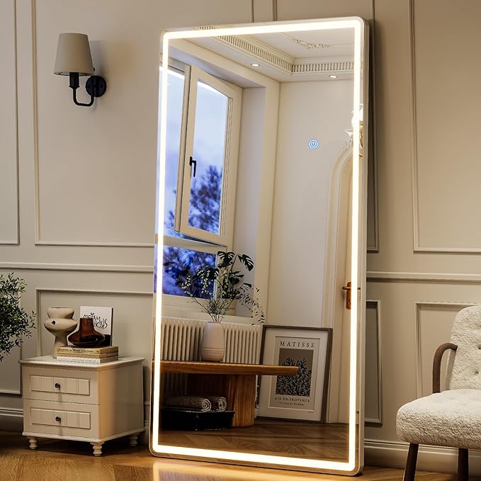 GLSLAND 34x76 inch Full Length Mirror with Lights - LED Full Body Mirrors Stepless Dimmable 3 Color Lighting Floor Standing Hanging for Bedroom Cloakroom,White