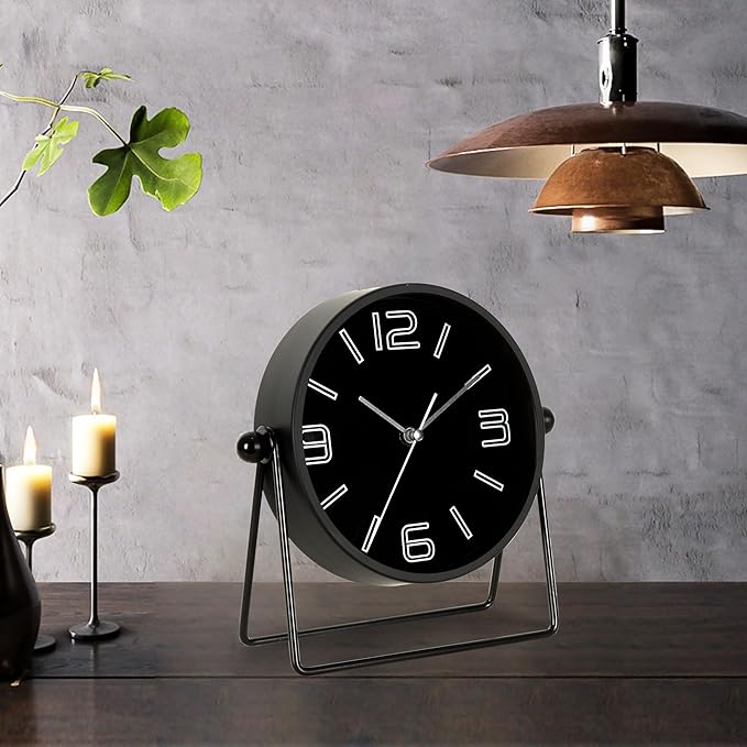 QIYAODECO® Vintage Metal Desk Clock for Bedroom, with Adjustable Angle Ticking Small, Battery Operated Mantel Bedside Clock, Decorative Table, Old Fashioned Style Black Decor, Adult Kid Gift, Black