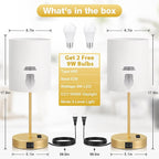 Gold Touch Lamps for Nightstand Set of 2 - Bedside Table Lamp for Bedroom with Dual USB Ports & AC Outlet, 3-Way Dimmable Lamps for Living Room Boys Room, Night Light with 5000K Daylight Bulbs