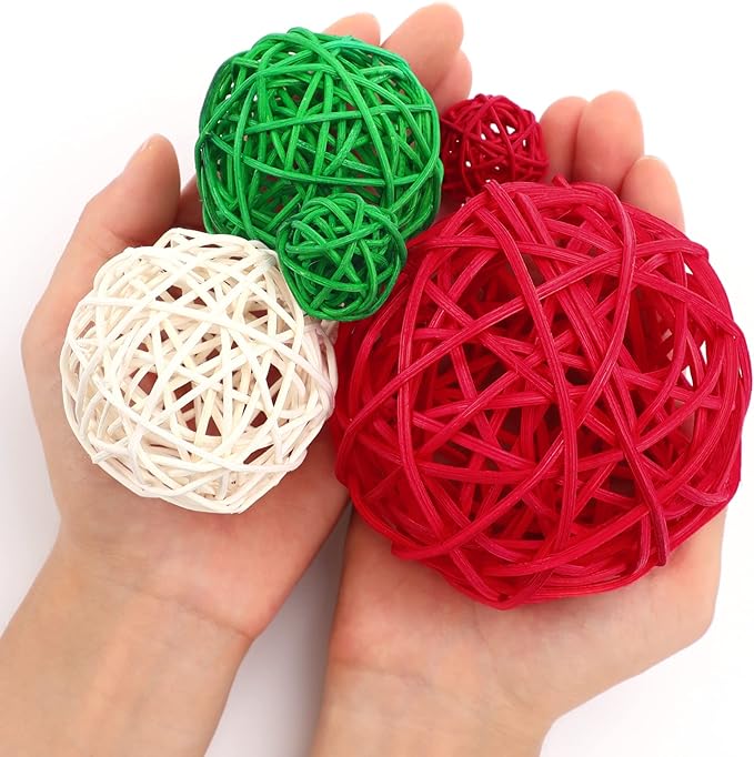 SANNIX 16PCS 3 Sizes Wicker Rattan Balls Christmas Ornaments Wedding Party Decorations Wicker Takraw Natural Orbs Red Green White Ratten Ball Home Yard Hanging Ornaments