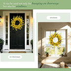 Solar Spring Wreath 24 inch Wreath for Front Door Artificial Pre-lit 50LED Summe Spring Decorations for Outside Yellow Forsythia Flower Home Decor for Wall Festival Holiday Decor(2404)