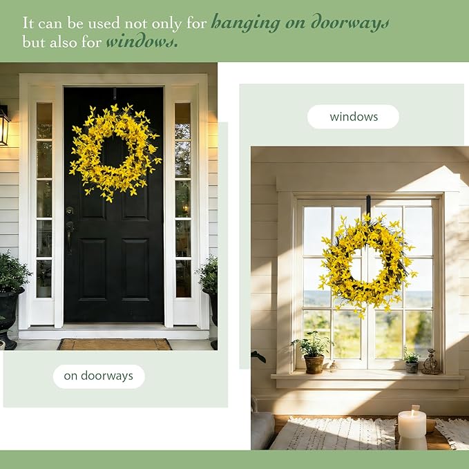 Solar Spring Wreath 24 inch Wreath for Front Door Artificial Pre-lit 50LED Summe Spring Decorations for Outside Yellow Forsythia Flower Home Decor for Wall Festival Holiday Decor(2404)