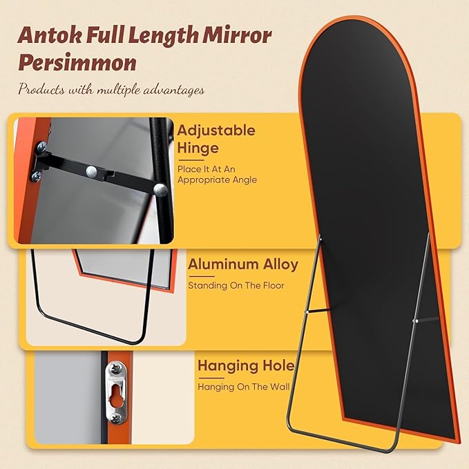 Antok Full Length Mirror, 58"x18" Floor Mirror, Arched Floor Standing Freestanding Arch Full Body Mirrors with Stand for Bedroom, Hanging Mounted for Living Room Cloakroom,Orange