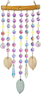 13.1 Inch Crystal Suncatcher with Natural Wood & Leaf Charms - Colorful Hanging Window Ornament for Christmas Tree