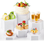 Leinuosen 6 Pcs Large Buffet Risers, 5.5 to 8 Inch Catering Dessert Table Risers Food Decorative Stands with hollow bottom for Catering Supplies, Party(White, Hexagonal)