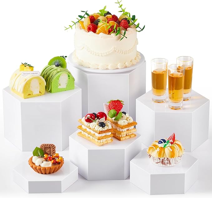 Leinuosen 6 Pcs Large Buffet Risers, 5.5 to 8 Inch Catering Dessert Table Risers Food Decorative Stands with hollow bottom for Catering Supplies, Party(White, Hexagonal)