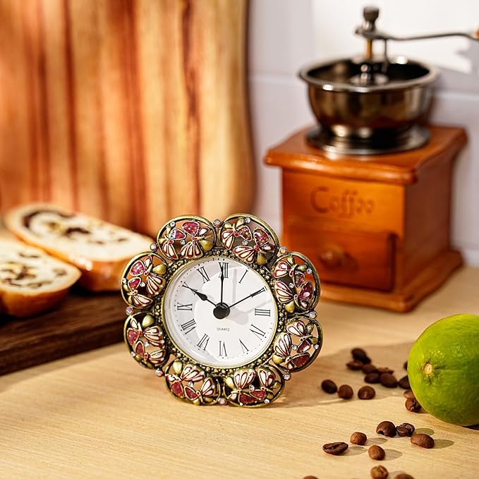 Mini Tabletop Clock, Decorative Vintage Floral Metal Table Clock with Battery Operated for Bedside, Table, Living Room, Home and Office