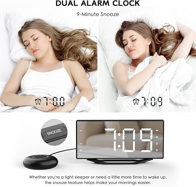 OnLyee Vibrating Alarm Clock with 8.7” LED Mirror for Heavy Sleepers & Hearing Impaired, Bed Shaker & 3 Wake-Up Modes, Dual Alarms, USB Charging, Adjustable Brightness, Snooze Function
