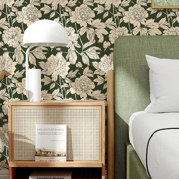 Peel and Stick Wallpaper Contact Paper for Cabinets Drawers Green Beige Floral Flower Vintage Design 17.5x118in Self Adhesive Wall Removable Desk Bedroom Moody Renter Friendly Modern