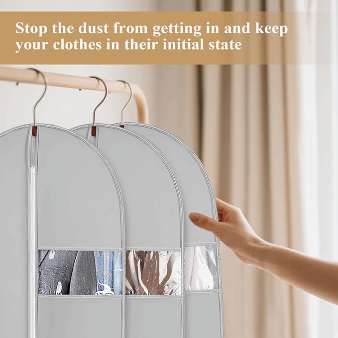 55-Inch Garment Bags Covers,Hanging Clothes Bag, Suit Cover Bags with Clear Window for Hanging Closet Clothes Storage and Travel (Gray-55Inch)