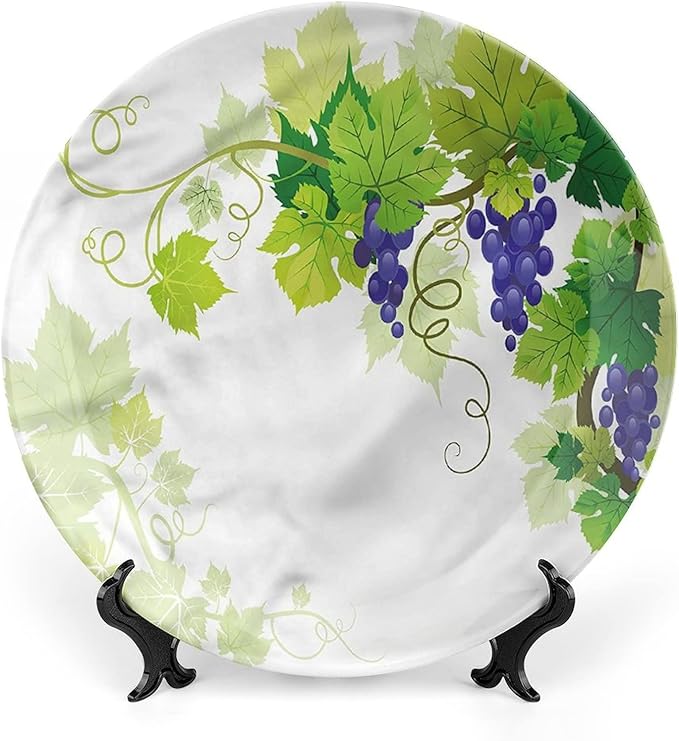 XISUNYA 8 Inch Decorative Plate, Vine Ceramic Stoneware, Grapes with Fresh Foliage Print Ceramic Wall Hanging for Fine Dining Upscale Events, Dinner Parties, Weddings, Catering, Muticolor
