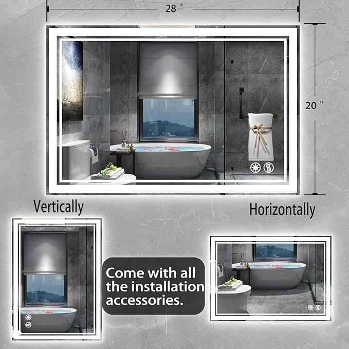 20“ x 28” LED Mirror for Bathroom LED Bathroom Mirror Anti-Fog Dimmable 3 Colors Bathroom Mirror with Lights Smart Mirror Memory Wall Mounted