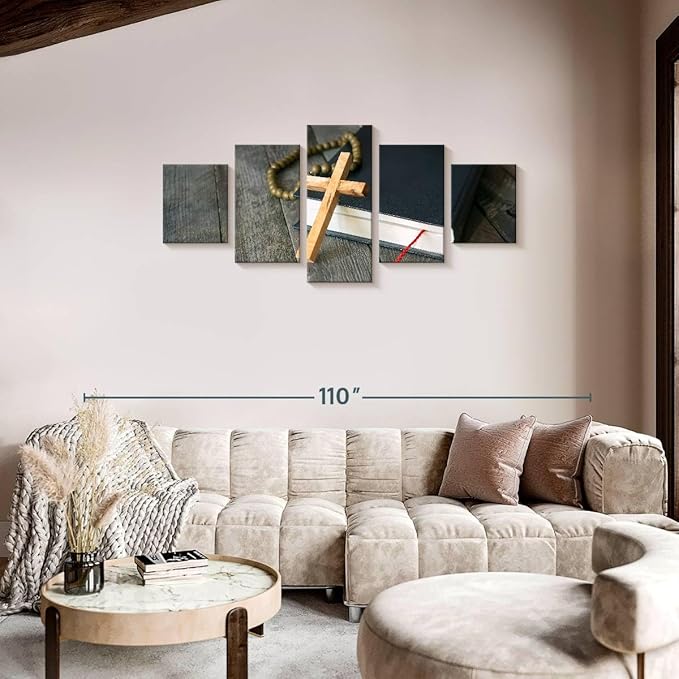 Elephant Stock Cross Canvas - 5 Panel Christian Pictures Decor - Canvas Print Wall Decor - Christian Cross Wall Art - 74" X 34"