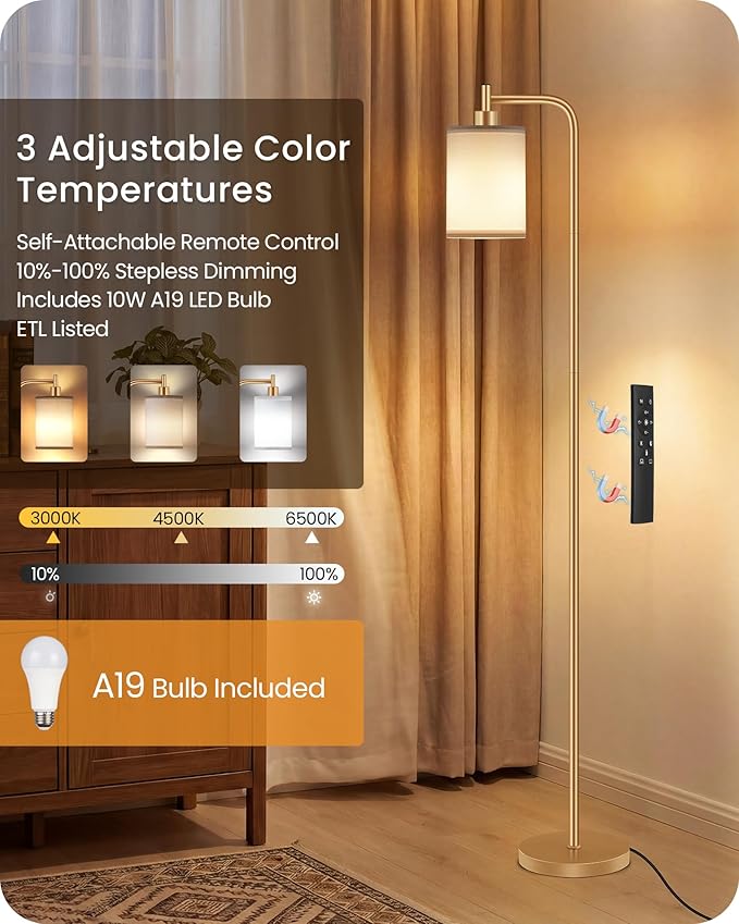 Dimmable Floor Lamp for Living Room with Remote and Foot Switch, Modern Standing, Corner Lamp,10W Bulb 3 Color Temperatures, for Bedroom, Office, Corner, ETL Listed, Gold and White DCW19LD05