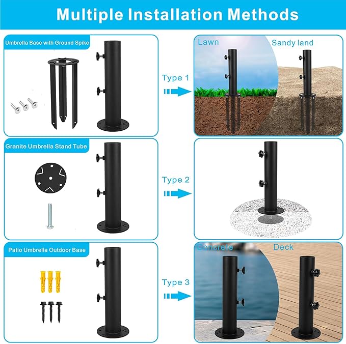 Patio Umbrella Base Stands Multifunctional Outdoor Umbrella Holder, In Ground Umbrella Base with Ground Spike Fixing,Deck Umbrella Mount for Lawns,Granite,Concrete,Deck,Many Ways Installation