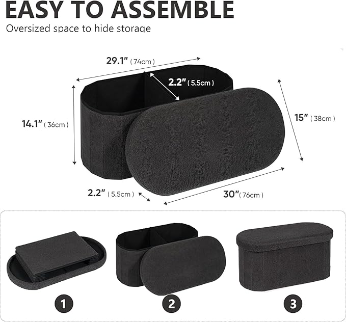 30 Inches Ottoman with Storage,Bedroom Bench with Storage, Ottoman Foot Rest for Living Room,30" L x 15" W x 15" H-Dark Grey
