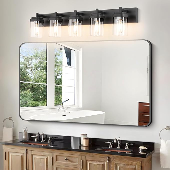 Vanity Light Fixture,5-Light Vanity Light for Bathroom,Matte Black Bathroom Vanity Lighting Over Mirror with Square Clear Glass Shade for Restroom