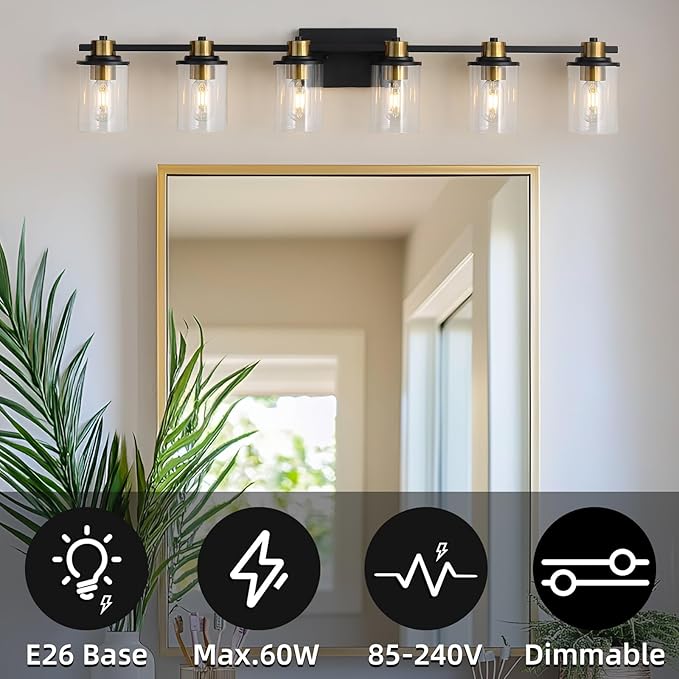 LOUSACE Bathroom Light Fixtures Black and Gold, 6 Light Bathroom Vanity Light, Modern Bathroom Light over Mirror with Clear Glass Shades, Brushed Gold Socket Wall Vanity Lighting Fixtures for Bathroom