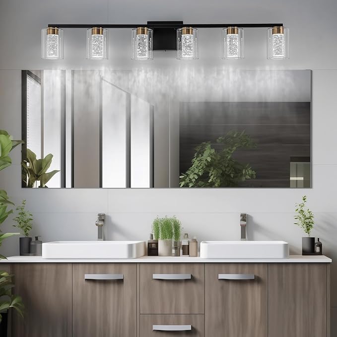 SineRise 6-Light Black and Gold Vanity Light with 3 Color Modes (3000K/4000K/6000K), Eye Protection LED Bathroom Light Fixture, Dimmable Modern Wall Light Over Mirror with Clear Glass Shade
