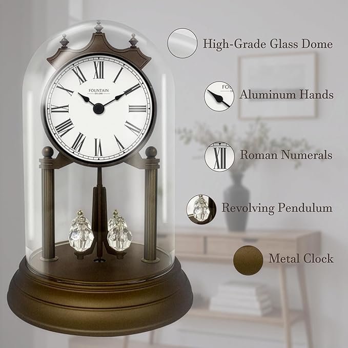 9" Genevieve Mantel Clock with Revolving Pendulum, Modern Anniversary Clock Rotating Pendulum, Wedding Gifts, Desk & Shelf Clock, Roman Numerals,Bronze Finish