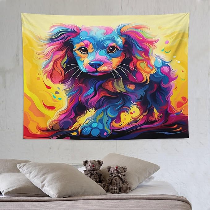 VUMIVI Colorful Cute Dog Tapestry Rainbow-Hued Oil Painting Pet-Themed Abstract Art Print Tapestry Wall Hanging for Living Room Bedroom Dorm Classroom Aesthetic Decor W80xL60in