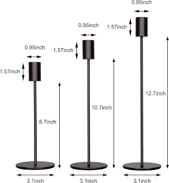 Black Candlestick Holders Set of 3, Decor Taper Candle Holder for Wedding, Dinning, Party,Fits 3/4 Inch Thick Candle
