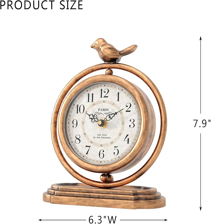 Gold Vintage Table Clock with Bird, European Retro Style Mantel Clocks, Desk and Shelf Decor Clock, for Living Room, Farmhouse, Bedside, Bedroom, Gift (7.9" H x 6.3" W)