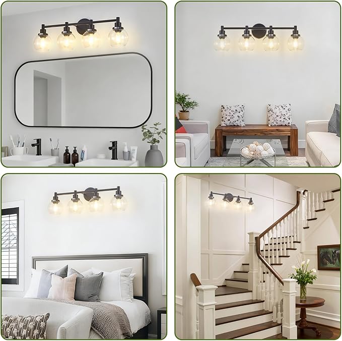 4-Light Bathroom Light Fixture Black Vanity Lights Over Mirror Modern Wall Sconce Farmhouse Vintage Bathroom Vanity Lighting with Glass Shade for Bedroom Hallway Cabinet Bathroom