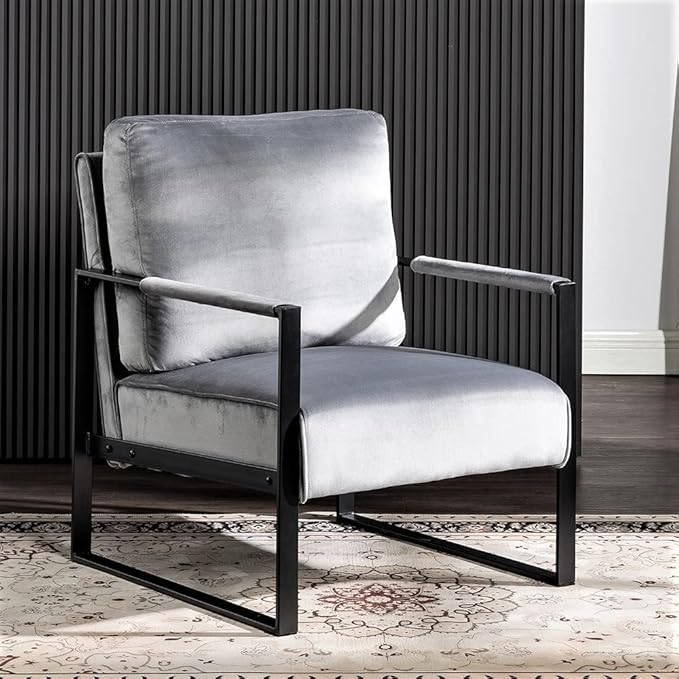 Container Furniture Classic Mid Century Modern Accent Chair with Durable Square Metal Frame, Armchair for Living Room, Bedroom, Home Office in Plush Velvet Upholstery, Grey