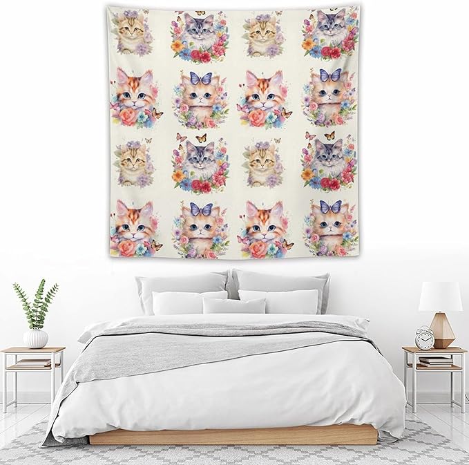 VUMIVI Watercolor Flower Cat Tapestry Colorful Cartoon Cute Animals Butterflies Abstract Art Print Tapestry Wall Hanging for Living Room Bedroom Dorm Classroom Aesthetic Decor W60xL60in