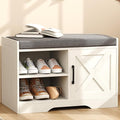 HOMEFORT 2-Tier Shoe Storage Bench with Padded Cushion Seat, Entryway Bench with Adjustable Shelf and Barn Door, 27.6" Farmhouse Shoe Rack Cabinet Bench, 300 lbs Capacity, for Bedroom, Antique White