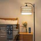 Arc Floor Lamp with Table and Shelves,Rattan Boho Floor Lamp with Remote Control,Rustic Floor Lamps for Bedroom Wicker Standing Lamp with 3 Color Temperature Tall Lamp for Living Room Corner