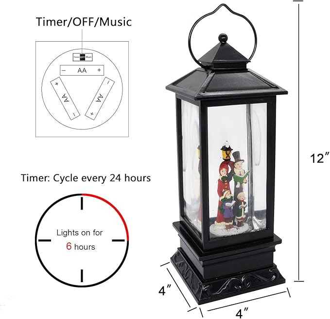 Eldnacele Christmas Musical Snow Globe Lantern Plug in & Battery Operated Glitter Lamp Navitity Scene Lighted Lantern with 6 Hour for Christmas Decoration 12 Inches (Carolers)