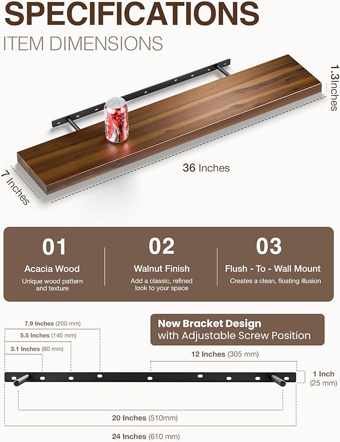 BATODA Set of 2 36" Acacia Floating Shelves for Wall – Rustic Farmhouse Floating Shelves - Wooden Wall Storage Shelf Home Décor - DIY Floating Book Shelves - with Brackets & Hardware (Walnut Color)