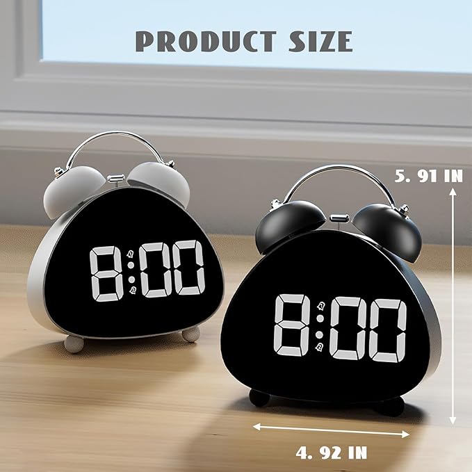 Twin Bell Alarm Clock, Cute Triangle Digital Alarm Clock, Bedside Loud Alarm Clocks for Heavy Sleepers Adults, Silent Desk Clock Battery Operated, Small Table Clock for Bedroom Living Room (White)