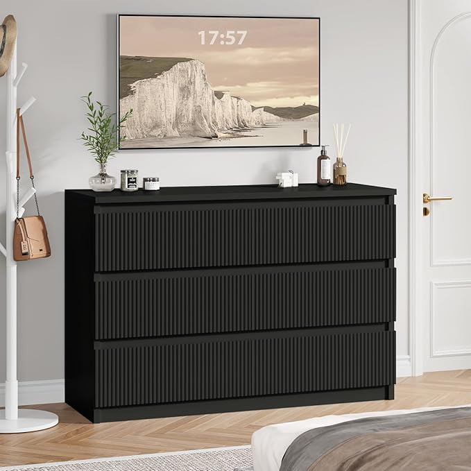 6 Drawer Dresser Black Modern Fluted Tall Wooden Chest Double Dresser for Bedroom, Living Room, Closet