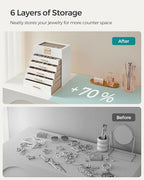 SONGMICS GISELLA Collection - Jewelry Box Organizer, 6-Layer Jewelry Storage with 5 Drawers, Shiny Metal Hardware, Glass Lid, Modern, 6.4 x 9.9 x 11.4 Inches, Cloud White and Gold Color UJBC171W01