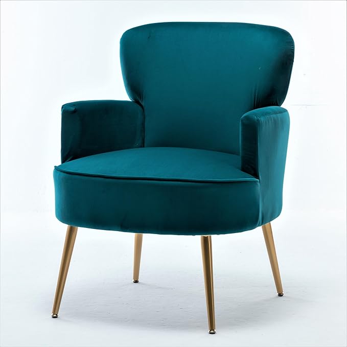 Trendy Velvet Accent Chair with Gold Metal Legs, Upholstered Armchair for Small to Mid-Size Spaces, Modern Living Room, Bedroom, Vanity Desk and Entryway, Greenish Blue