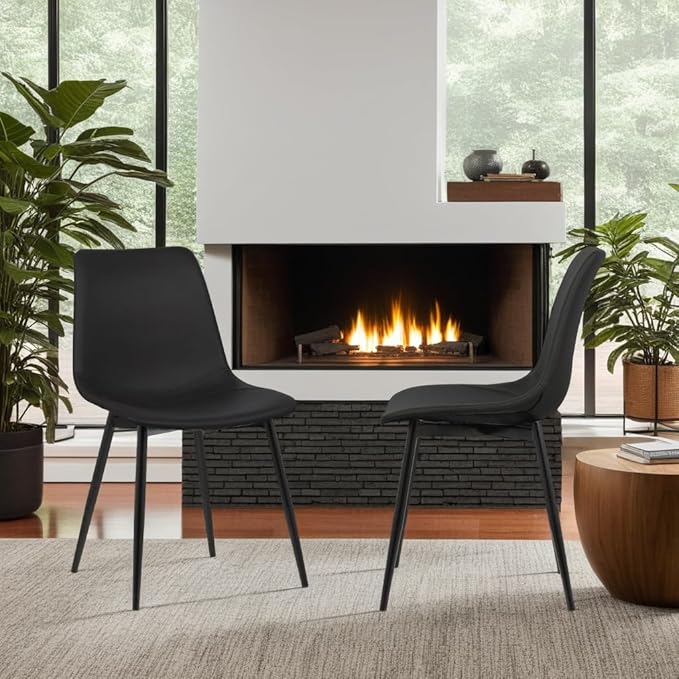 Armen Living Monte Mid Century Modern Dining Accent Chair for Table Kitchen Desk Vanity in Black Faux Leather with Black Metal Legs