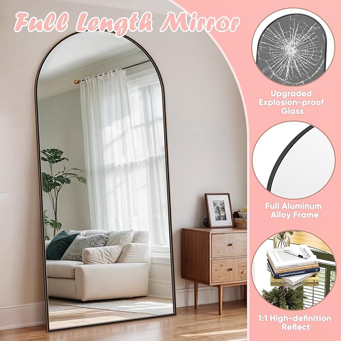Full Length Mirror, 76" x 34" Arched Full Body Mirror Large Standing Floor Mirrors, Mirrors for Bedroom, Bathroom, Living Room Standing or Wall Leaning, Black