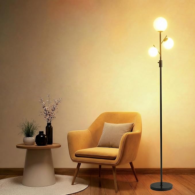 Fiqevs Dimmable Mid Century 3 Globe Floor Lamp with 3 Head Sphere Frosted Glass Shade and Bulbs Included, Modern Black Standing Lamps for Living Room Bedroom Office