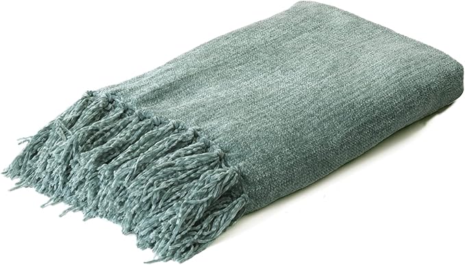 Sage Green Chenille Throw Blanket for Couch Bed，Soft Cozy Throw Blanket with Handmade Fringe, Decorative Blanket for Sofa Chair Living Room for Gift, (Sage Green)