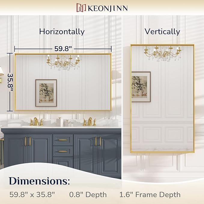 Keonjinn Gold Bathroom Mirror 60 x 36 Inch, Brushed Gold Metal Framed Mirrors, Square Corner Rectangular Large Wall Mirrors, Trimmed Wall-Mounted Vanity Mirror(Horizontal/Vertical)