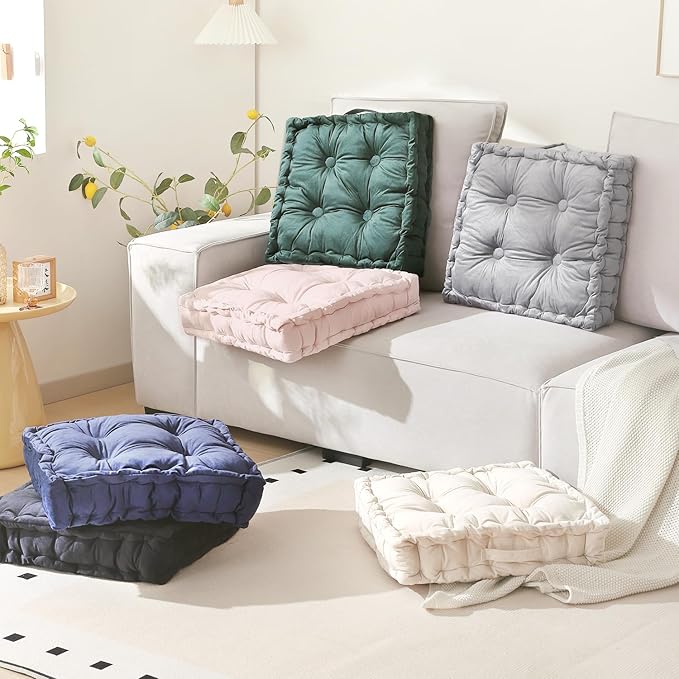 Square Floor Pillows, Large Floor Cushion for Adults Kids, Meditation Floor Pillow Seating Cushion with Shredded Memory Foam and Silk Wadding, 20"x20"x5" Ivory 2 Count