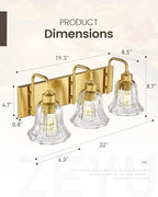 zeyu 3-Light Gold Bathroom Vanity Light with Clear Striped Glass, Modern Brass Vanity Light for Bathroom Mirror, 22 Inch Bathroom Lights Over Mirror, ZJX117B-3W BG
